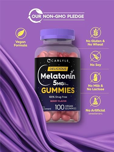 Carlyle Melatonin 5mg Gummis | 100 Stück | Beerengeschmack | 100% Arzneimittelfrei | Nicht-GVO, Glutenfrei