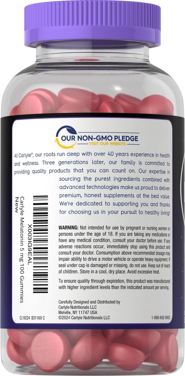 Carlyle Melatonin 5mg Gummis | 100 Stück | Beerengeschmack | 100% Arzneimittelfrei | Nicht-GVO, Glutenfrei