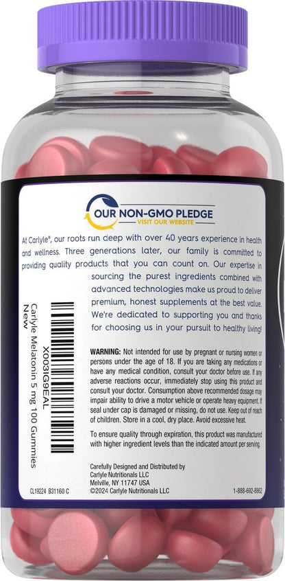 Carlyle Melatonin 5mg Gummis | 100 Stück | Beerengeschmack | 100% Arzneimittelfrei | Nicht-GVO, Glutenfrei