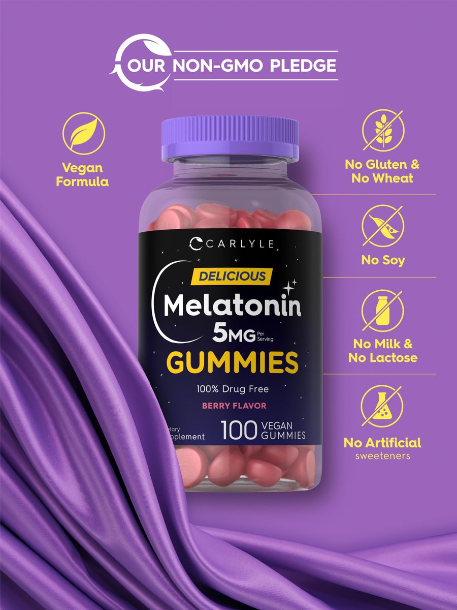 Carlyle Melatonin 5mg Gummis | 100 Stück | Beerengeschmack | 100% Arzneimittelfrei | Nicht-GVO, Glutenfrei