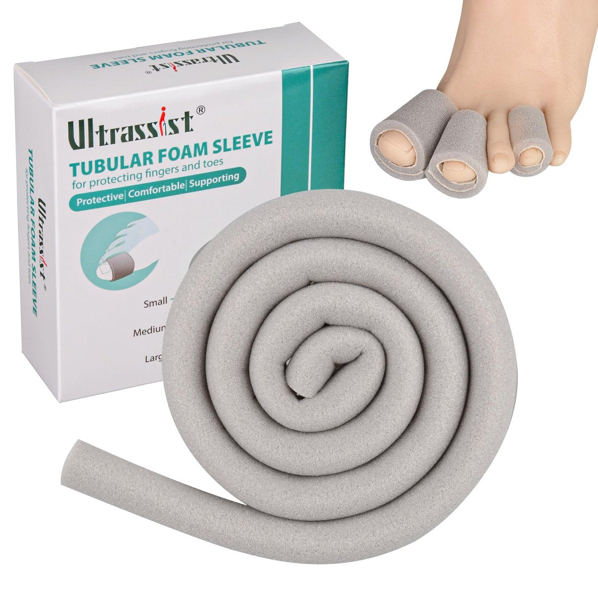 Ultrassist Zehenschlauch mit Überlappung, Medium, 7/8" Innendurchmesser, 36" Rolle, Grau – Schwamm-Zehenprotektoren für Blasen, Ballen, Hühneraugen