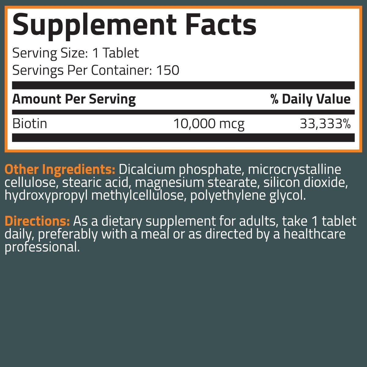 Bronson Biotin 10.000 mcg – Unterstützt gesundes Haar, Haut und Nägel, vegetarisch, nicht-GVO, 150 Tabletten