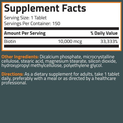Bronson Biotin 10.000 mcg – Unterstützt gesundes Haar, Haut und Nägel, vegetarisch, nicht-GVO, 150 Tabletten