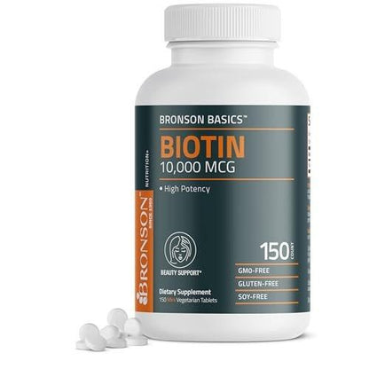 Bronson Biotin 10.000 mcg – Unterstützt gesundes Haar, Haut und Nägel, vegetarisch, nicht-GVO, 150 Tabletten