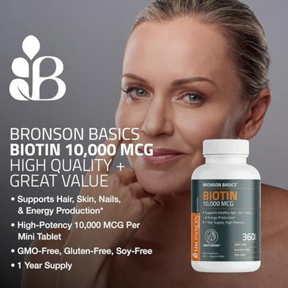 Bronson Biotin 10.000 mcg – Unterstützt gesundes Haar, Haut und Nägel, vegetarisch, nicht-GVO, 150 Tabletten