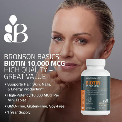 Bronson Biotin 10.000 mcg – Unterstützt gesundes Haar, Haut und Nägel, vegetarisch, nicht-GVO, 150 Tabletten