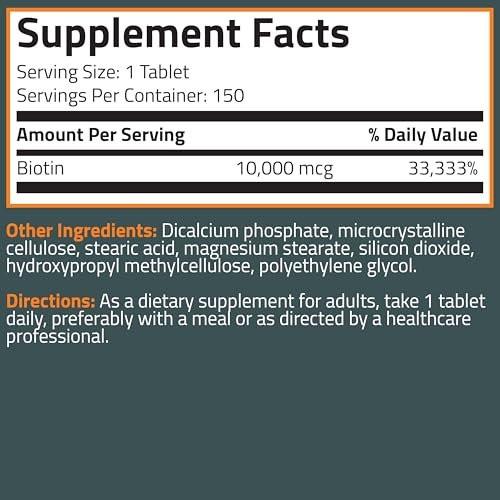 Bronson Biotin 10.000 mcg – Unterstützt gesundes Haar, Haut und Nägel, vegetarisch, nicht-GVO, 150 Tabletten
