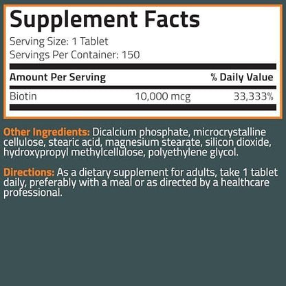 Bronson Biotin 10.000 mcg – Unterstützt gesundes Haar, Haut und Nägel, vegetarisch, nicht-GVO, 150 Tabletten
