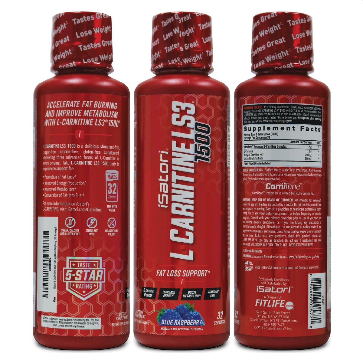iSatori L-Carnitin LS3 1500 – Flüssiges L-Carnitin mit Acetyl & Tartrat, Stimulansfrei, Kalorienarm, Zucker- & Glutenfrei, Keto-freundlich, Blaue Himbeere (32 Portionen)