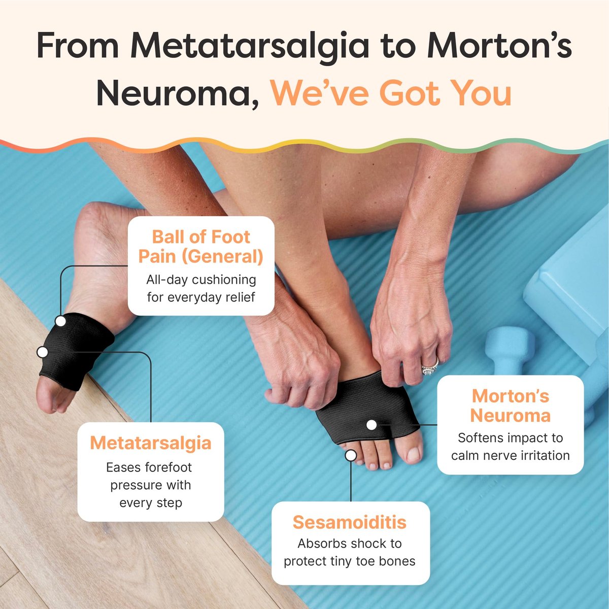 ZenToes Metatarsal-Pads für Männer und Frauen – Ballenpolster zur Schmerzlinderung bei Sesamoiditis, Metatarsalgie, Morton-Neurom – 2 Paar Stoffhüllen mit Gel-Einlagen (Medium, Schwarz)