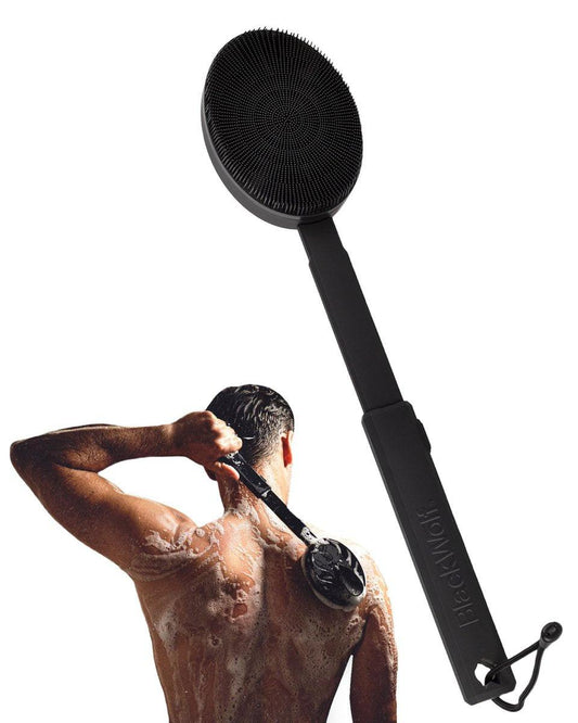 Black Wolf Silikon-Körperscrubber & Peeling – Vibrations-Loofah-Duschbürste mit Griffverlängerung für den Rücken – Tiefenreinigung & Peeling-Body-Scrub – Bade-Hygiene-Essentials – Männer & Frauen