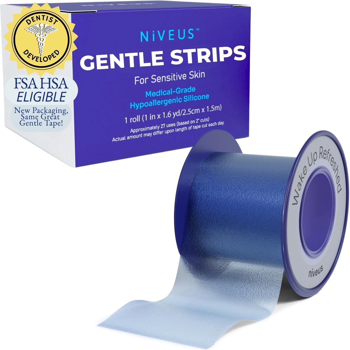 Niveus Sanftes Silikon-Klebeband – von Zahnärzten entwickelt, klares, weiches, perforiertes Silikon-Klebeband, FSA/HSA-zugelassen, für empfindliche Haut (1 blaue Rolle)