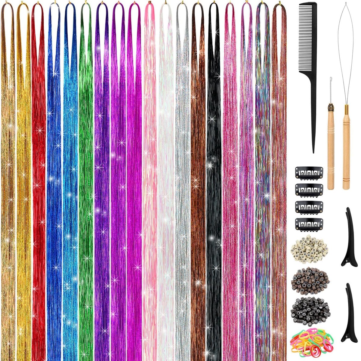 Hair Tinsel Kit (48 Zoll, 18 Farben, 4320 Strähnen) – Hitzebeständige Feenhaar-Tinsel-Extensions für Frauen