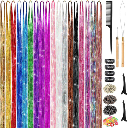 Hair Tinsel Kit (48 Zoll, 18 Farben, 4320 Strähnen) – Hitzebeständige Feenhaar-Tinsel-Extensions für Frauen