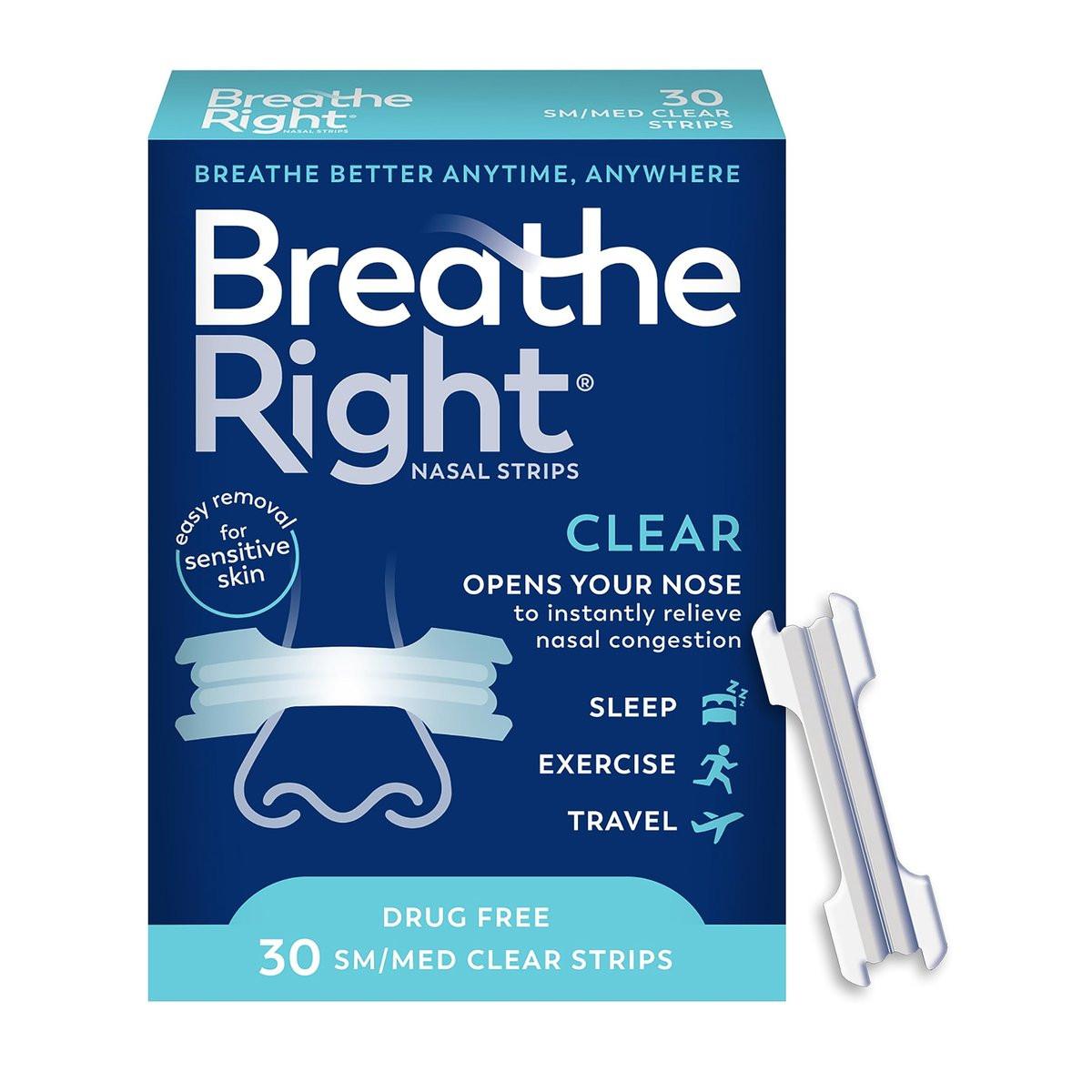 Breathe Right Nasal Strips Clear Small/Medium – 30 Stück, gegen Schnarchen, Nasenverstopfung, Allergien