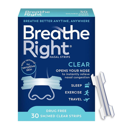 Breathe Right Nasal Strips Clear Small/Medium – 30 Stück, gegen Schnarchen, Nasenverstopfung, Allergien
