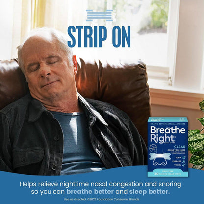 Breathe Right Nasal Strips Clear Small/Medium – 30 Stück, gegen Schnarchen, Nasenverstopfung, Allergien