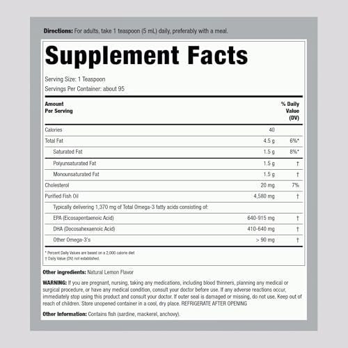 Piping Rock Omega 3 Fischöl flüssig | 473 ml | Quecksilberfrei | Zitronengeschmack | 1370 mg aktive Omega-3 | für Männer und Frauen | Nicht-GVO, Glutenfrei