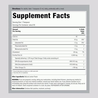 Piping Rock Omega 3 Fischöl flüssig | 473 ml | Quecksilberfrei | Zitronengeschmack | 1370 mg aktive Omega-3 | für Männer und Frauen | Nicht-GVO, Glutenfrei