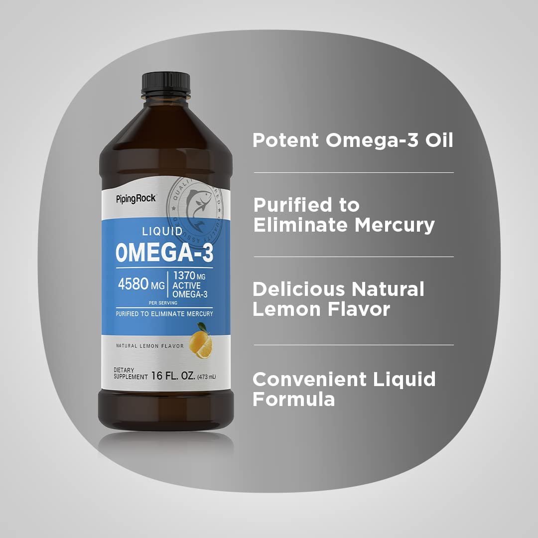 Piping Rock Omega 3 Fischöl flüssig | 473 ml | Quecksilberfrei | Zitronengeschmack | 1370 mg aktive Omega-3 | für Männer und Frauen | Nicht-GVO, Glutenfrei
