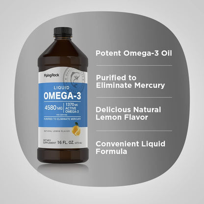 Piping Rock Omega 3 Fischöl flüssig | 473 ml | Quecksilberfrei | Zitronengeschmack | 1370 mg aktive Omega-3 | für Männer und Frauen | Nicht-GVO, Glutenfrei