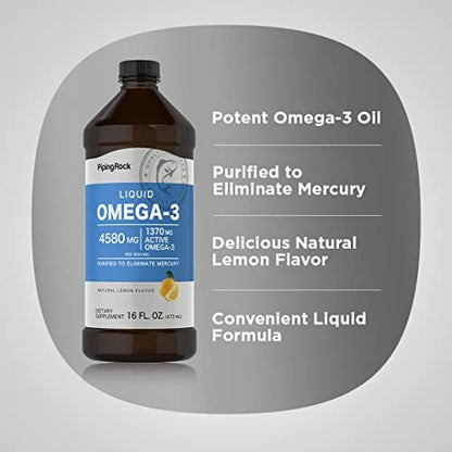 Piping Rock Omega 3 Fischöl flüssig | 473 ml | Quecksilberfrei | Zitronengeschmack | 1370 mg aktive Omega-3 | für Männer und Frauen | Nicht-GVO, Glutenfrei