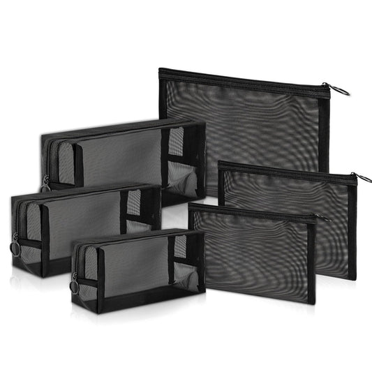 Unoutur 6-teiliges Mesh-Kosmetiktaschen-Set – Schwarze Nylon-Reisetaschen für Make-up, Toilettenartikel und Organisation