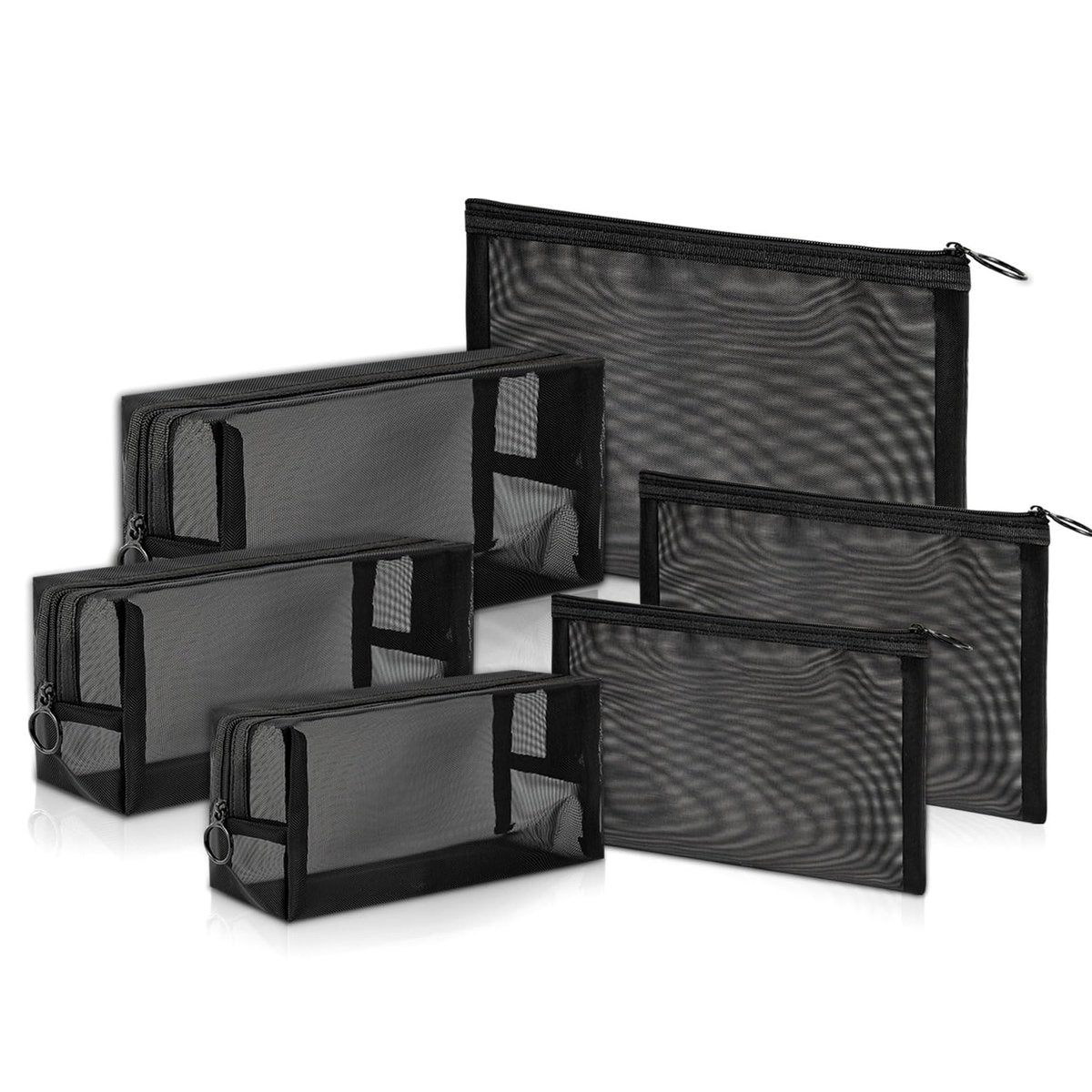 Unoutur 6-teiliges Mesh-Kosmetiktaschen-Set – Schwarze Nylon-Reisetaschen für Make-up, Toilettenartikel und Organisation