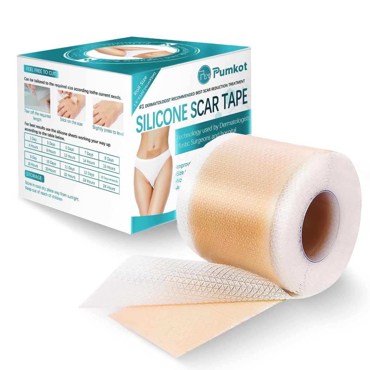 Pumkot Silikon-Narbenpflaster, Silikon-Narbenband (1,6" x 120" Rolle-3M), Medizinisches Silikon zur Narbenentfernung für Operationsnarben, Keloide, Kaiserschnitt, Verbrennungen – verbesserte Haftung, wasserdicht, wiederverwendbar