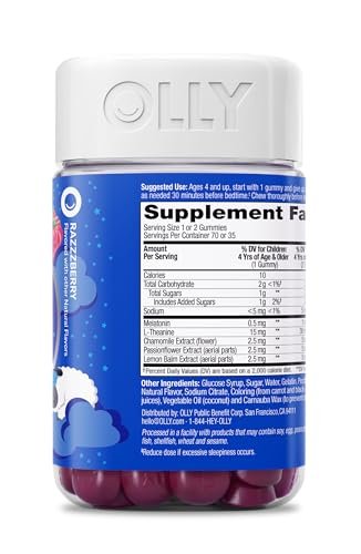 OLLY Kids Schlafgummis mit Melatonin, L-Theanin, Kamille und Zitronenmelisse, Himbeergeschmack - 70 Stück