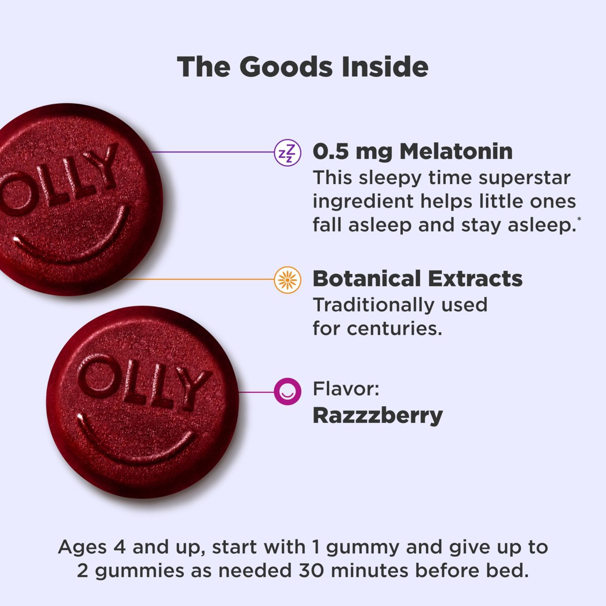 OLLY Kids Schlafgummis mit Melatonin, L-Theanin, Kamille und Zitronenmelisse, Himbeergeschmack - 70 Stück