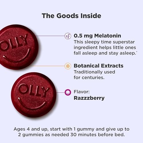 OLLY Kids Schlafgummis mit Melatonin, L-Theanin, Kamille und Zitronenmelisse, Himbeergeschmack - 70 Stück