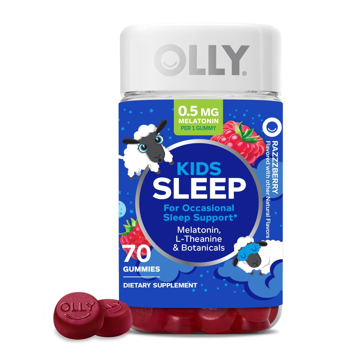 OLLY Kids Schlafgummis mit Melatonin, L-Theanin, Kamille und Zitronenmelisse, Himbeergeschmack - 70 Stück