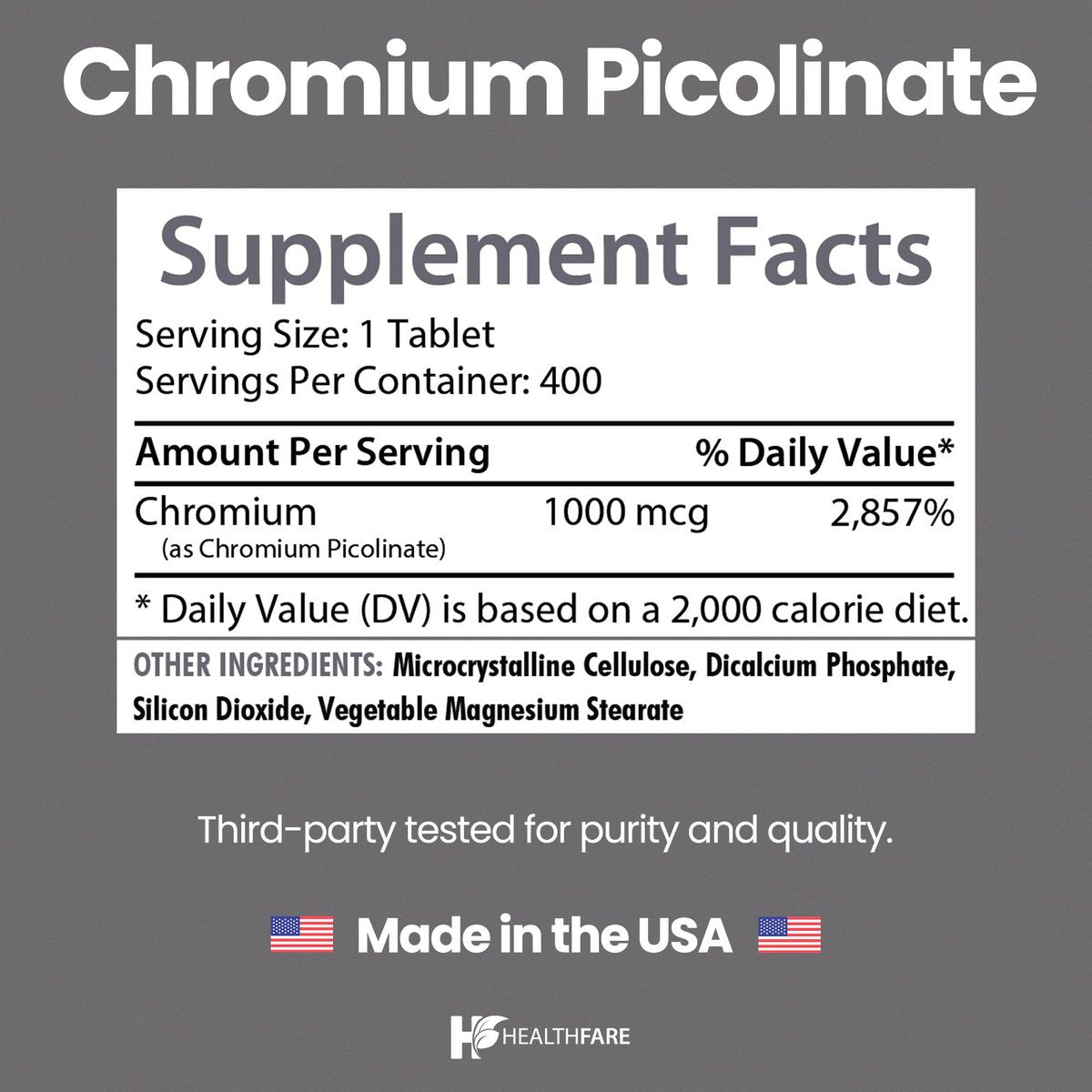 HealthFare Chrompicolinat 1000 mcg | 400 vegane Tabletten | Hochabsorbierendes Mineralstoffpräparat | Unterstützt gesunden Zuckerstoffwechsel & Nährstoffaufnahme | Non-GMO, glutenfrei | Hergestellt in den USA