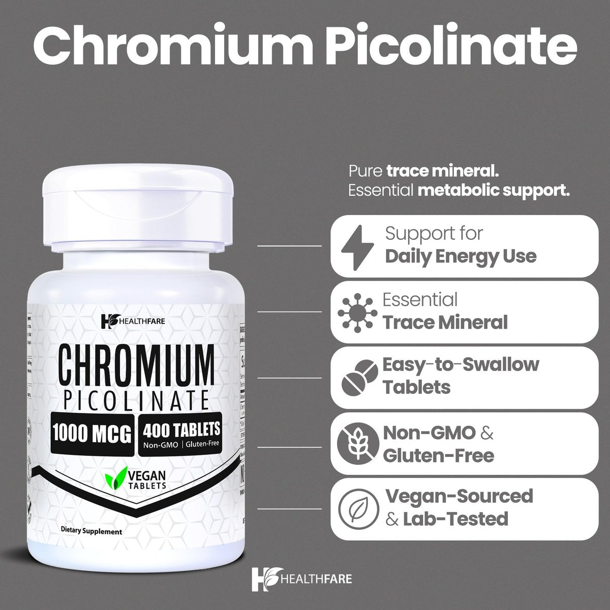 HealthFare Chrompicolinat 1000 mcg | 400 vegane Tabletten | Hochabsorbierendes Mineralstoffpräparat | Unterstützt gesunden Zuckerstoffwechsel & Nährstoffaufnahme | Non-GMO, glutenfrei | Hergestellt in den USA