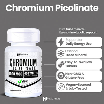 HealthFare Chrompicolinat 1000 mcg | 400 vegane Tabletten | Hochabsorbierendes Mineralstoffpräparat | Unterstützt gesunden Zuckerstoffwechsel & Nährstoffaufnahme | Non-GMO, glutenfrei | Hergestellt in den USA