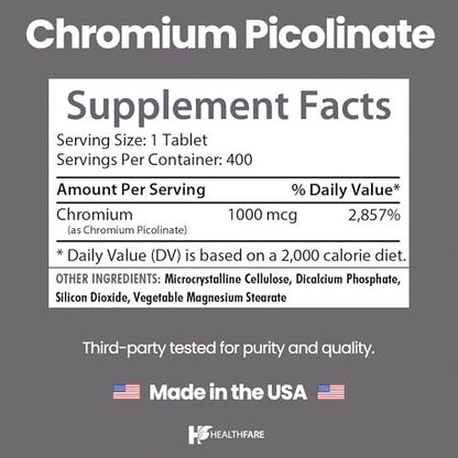 HealthFare Chrompicolinat 1000 mcg | 400 vegane Tabletten | Hochabsorbierendes Mineralstoffpräparat | Unterstützt gesunden Zuckerstoffwechsel & Nährstoffaufnahme | Non-GMO, glutenfrei | Hergestellt in den USA
