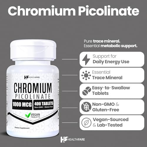 HealthFare Chrompicolinat 1000 mcg | 400 vegane Tabletten | Hochabsorbierendes Mineralstoffpräparat | Unterstützt gesunden Zuckerstoffwechsel & Nährstoffaufnahme | Non-GMO, glutenfrei | Hergestellt in den USA