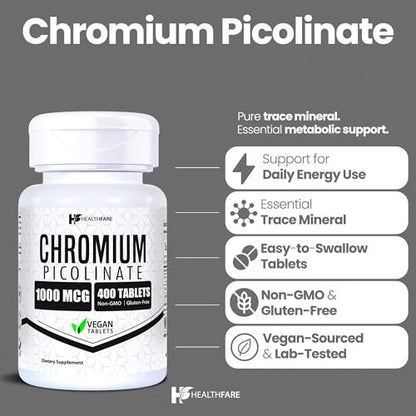 HealthFare Chrompicolinat 1000 mcg | 400 vegane Tabletten | Hochabsorbierendes Mineralstoffpräparat | Unterstützt gesunden Zuckerstoffwechsel & Nährstoffaufnahme | Non-GMO, glutenfrei | Hergestellt in den USA