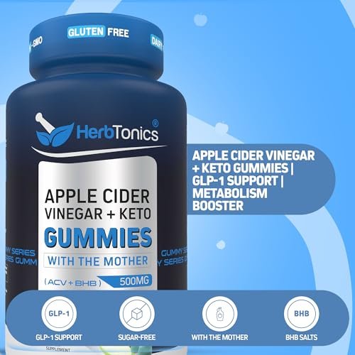Herbtonics Keto Apfelessig Gummis | Verdauung & Detox | GLP-1 Unterstützung | Zuckerfreie BHB-Formel für Keto – Roh-Apfelessig mit der Mutter – 60 vegane ACV Gummis