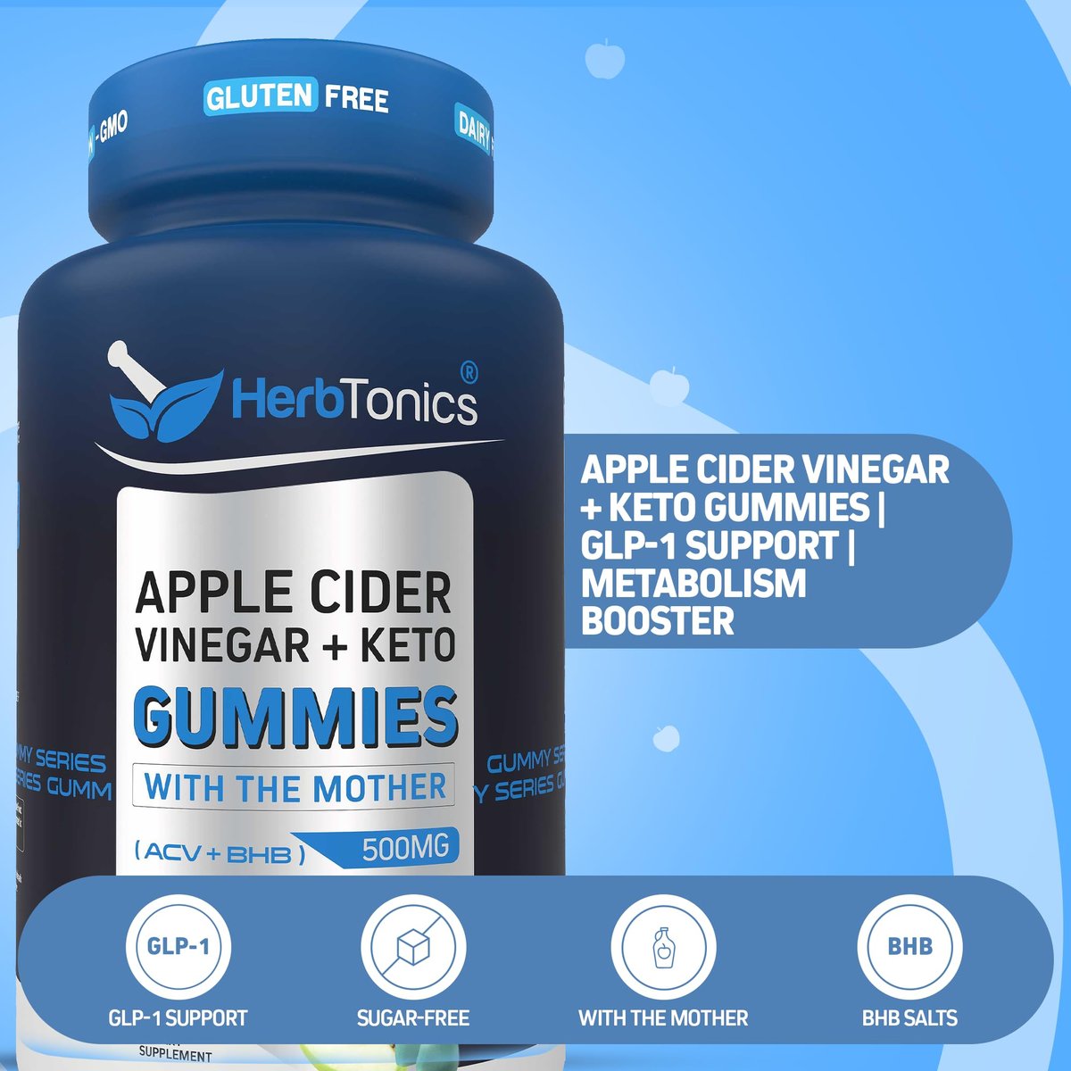 Herbtonics Keto Apfelessig Gummis | Verdauung & Detox | GLP-1 Unterstützung | Zuckerfreie BHB-Formel für Keto – Roh-Apfelessig mit der Mutter – 60 vegane ACV Gummis