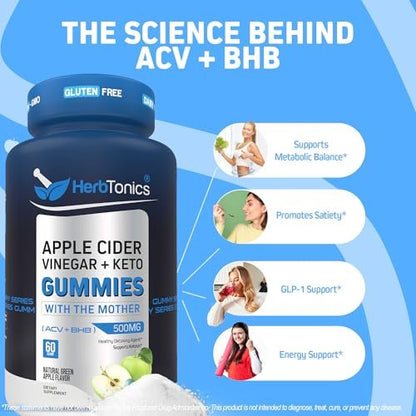 Herbtonics Keto Apfelessig Gummis | Verdauung & Detox | GLP-1 Unterstützung | Zuckerfreie BHB-Formel für Keto – Roh-Apfelessig mit der Mutter – 60 vegane ACV Gummis