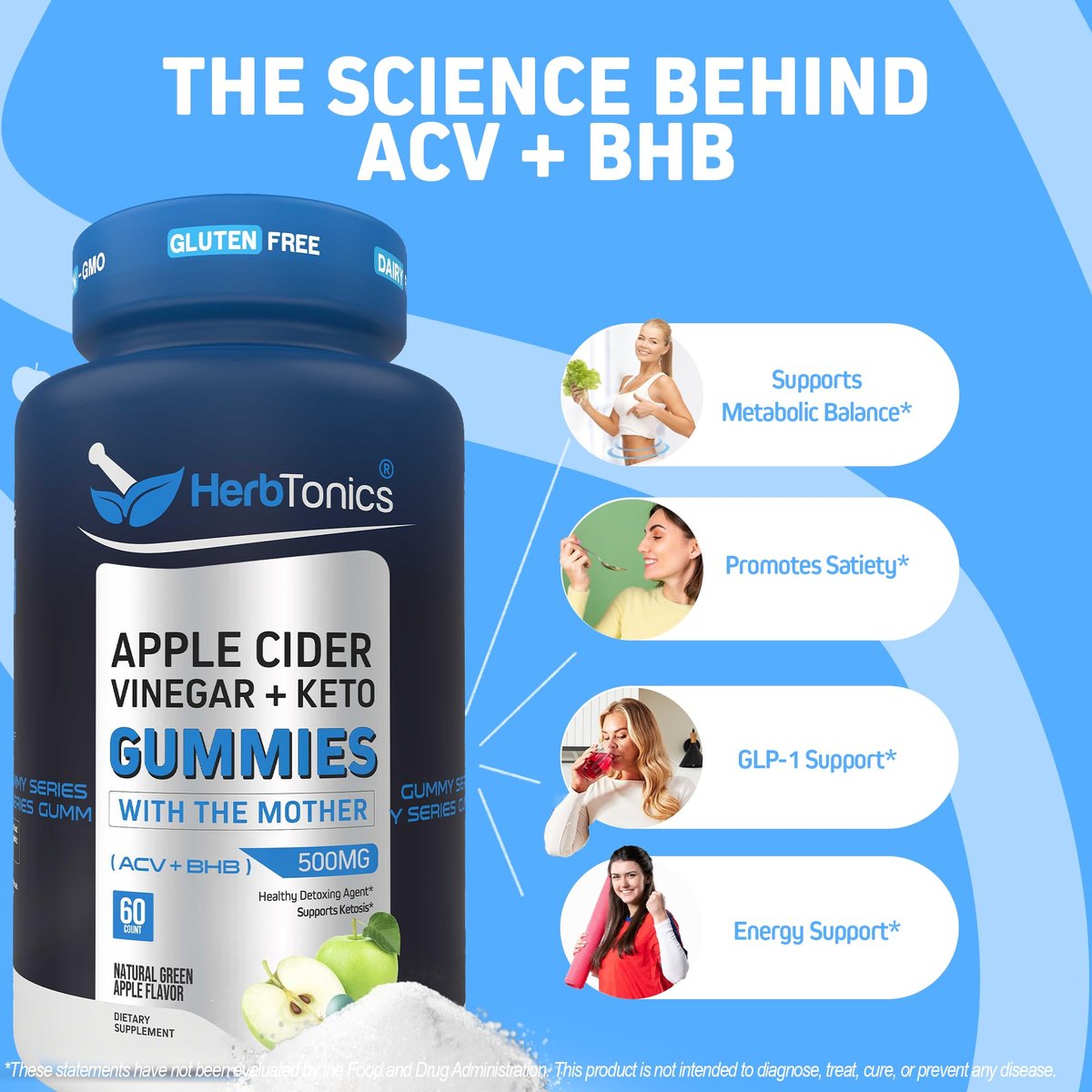 Herbtonics Keto Apfelessig Gummis | Verdauung & Detox | GLP-1 Unterstützung | Zuckerfreie BHB-Formel für Keto – Roh-Apfelessig mit der Mutter – 60 vegane ACV Gummis
