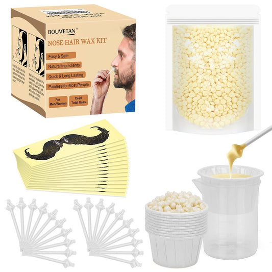 Bouvetan Nasenwachs-Set für Männer und Frauen – 100g Nasenhaar-Wachskügelchen (15–20 Anwendungen), 20 Applikatoren, 15 Schnurrbartschützer, 10 Pappbecher, 1 Messbecher – Einfach, schnell und sofort