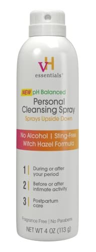 vH essentials Personal Cleansing Spray, pH-ausgleichend mit Milchsäure, stichfrei, Hexenschuss-Formel, parfümfrei, parabenfrei, sprüht kopfüber für einfache äußere intime Reinigung, 118 ml