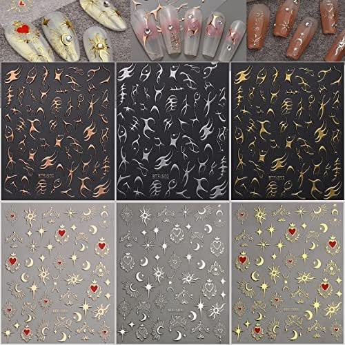 6 Blatt Sun Star Nail Art Aufkleber Mond Nail Sticker Fischgräten Nagelverzierungen Gold Rose Silber Fischgräten Mond Stern Design Nagelzubehör für Frauen Mädchen Acryl Nägel Dekorationen Salonzubehör