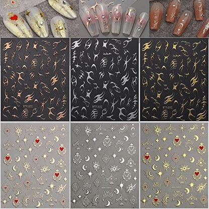 6 Blatt Sun Star Nail Art Aufkleber Mond Nail Sticker Fischgräten Nagelverzierungen Gold Rose Silber Fischgräten Mond Stern Design Nagelzubehör für Frauen Mädchen Acryl Nägel Dekorationen Salonzubehör