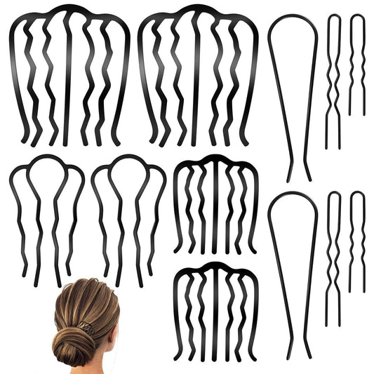QOOSIKICC 12-teilige Haarseitenkämme, Haargabelclips, Nadeln, French-Twist-Updo-Accessoires, U-förmiges Zahnstyling-Werkzeug für Vintage-Frisuren, Frauen, Mädchen, Dutt – Schwarz