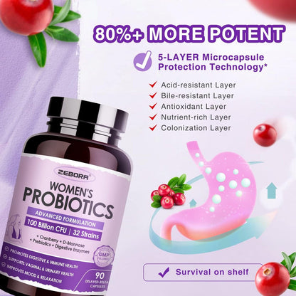 ZEBORA Probiotika für Frauen Verdauungsgesundheit mit Enzymen & Präbiotika 100 Milliarden KBE | Vaginale Probiotika mit D-Mannose & Cranberry | Unterstützung der Harnwege | Immunsystem, 90 Kapseln