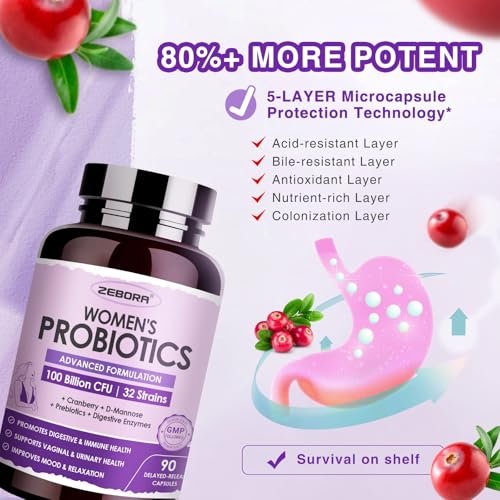ZEBORA Probiotika für Frauen Verdauungsgesundheit mit Enzymen & Präbiotika 100 Milliarden KBE | Vaginale Probiotika mit D-Mannose & Cranberry | Unterstützung der Harnwege | Immunsystem, 90 Kapseln